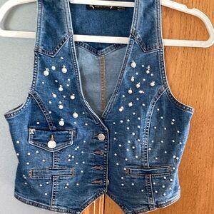Nanette Lepore Blue Denim Vest with Pearl Accents